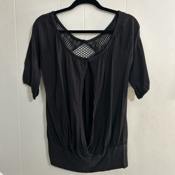 LUX Black, Draped Open-back Top w/ Crochet Detail, 3/4 Length Sleeves - Size M/L - Picture 3 of 6